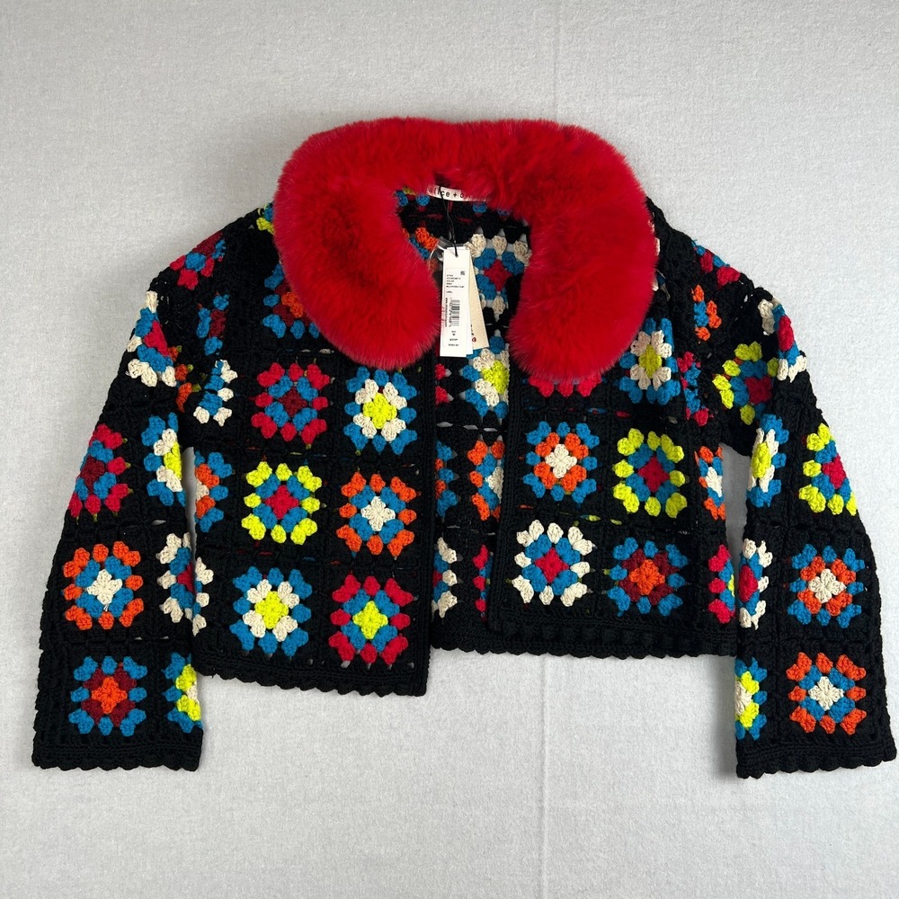 NEW Alice + Olivia Anderson Cropped Faux Fur Collared Cardigan Crochet Size M